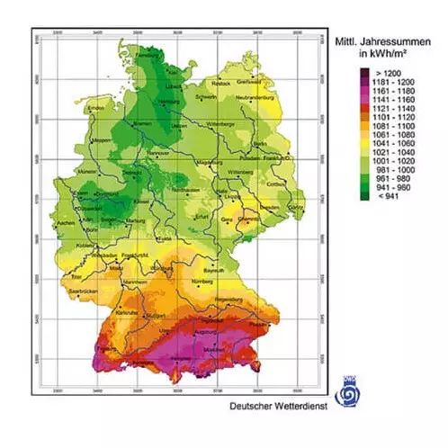 Einstrahlungskarte - Sonnenenergie in Deutschland