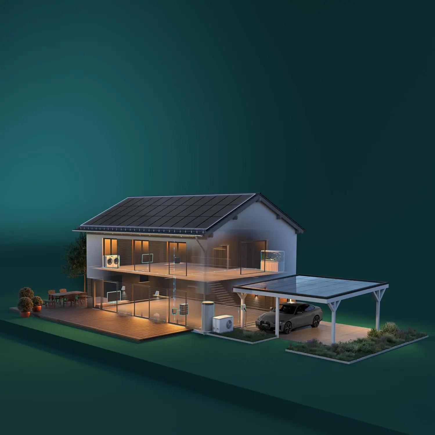 Ein 3D-Modell von einem Haus und einem Carport mit einer Solaranlage als Dach.